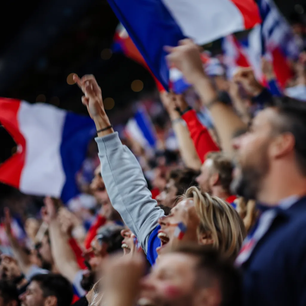 Close up shot of blurred football fans cheering in stadium stands, holding natio