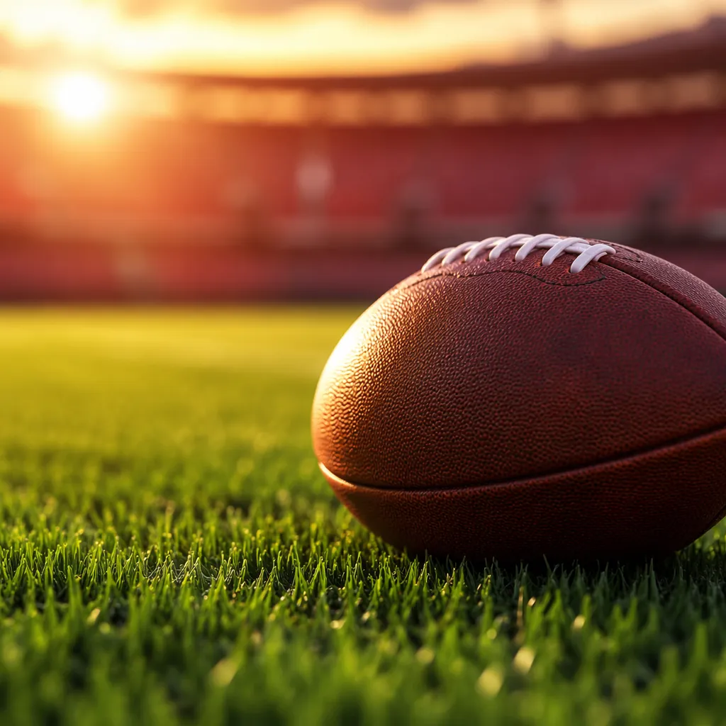 Close up shot of a football on a neatly trimmed green grass pitch, blurred backg