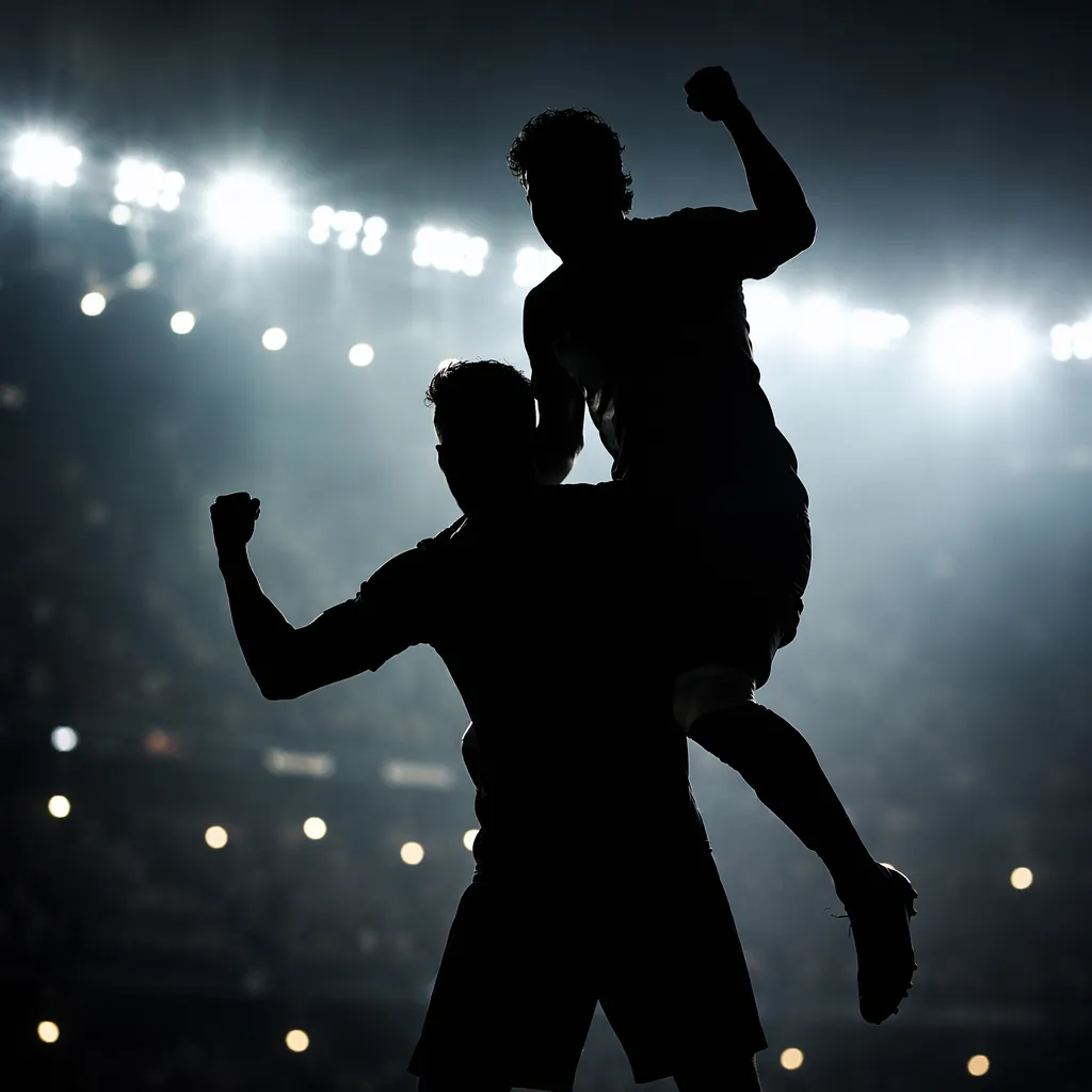 Silhouette of two football players celebrating a goal against the backdrop of br