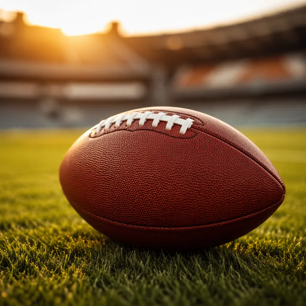 Close up shot of a generic football on a green grass pitch, with blurred stadium