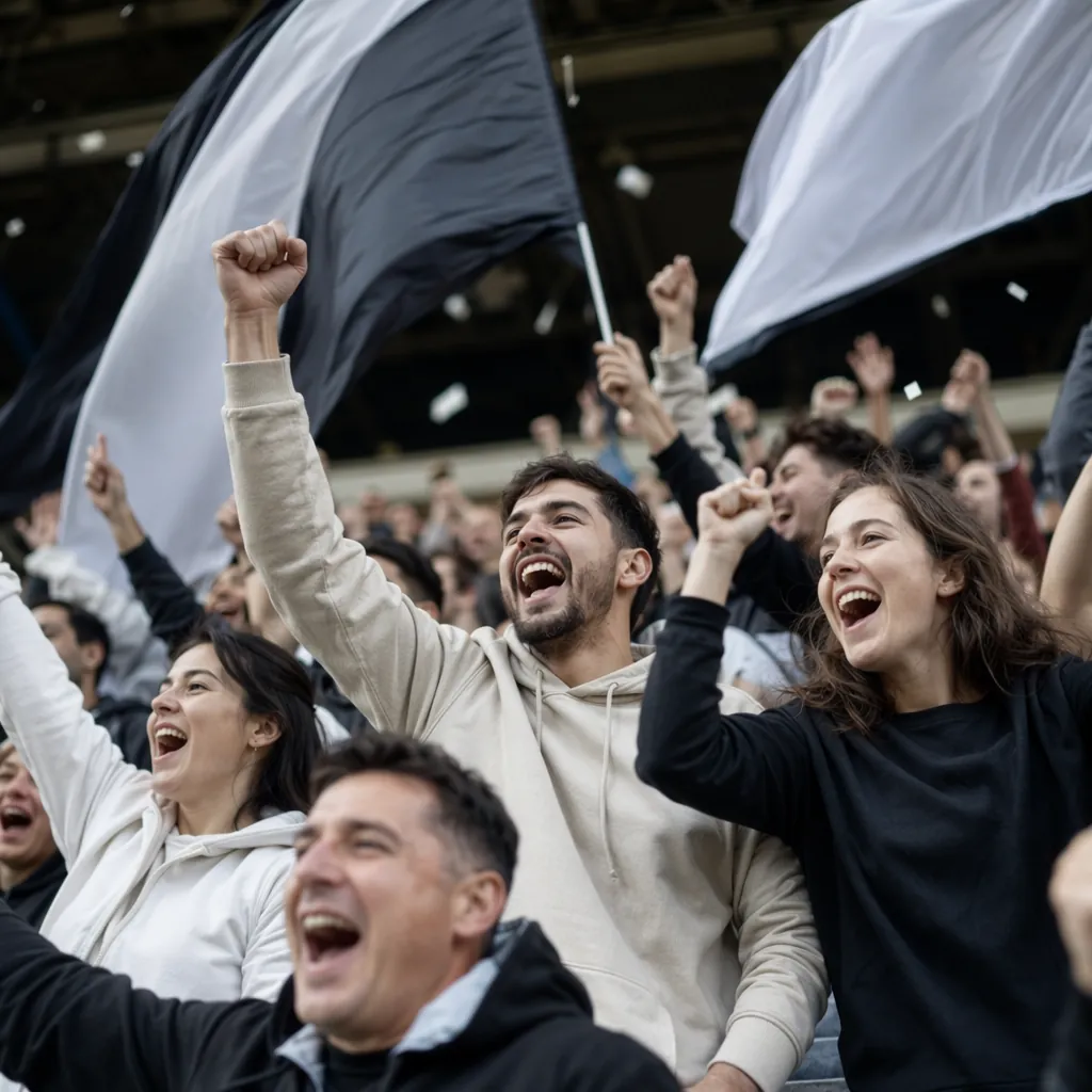 Group of generic football fans celebrating in the stands, wearing neutral colore