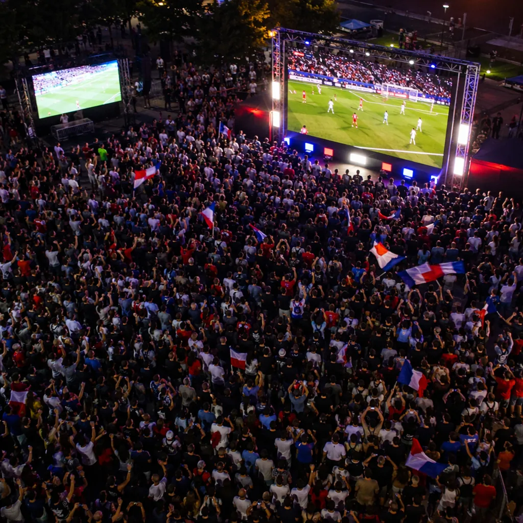 High angle shot of a crowded outdoor fan viewing zone with large screens showing