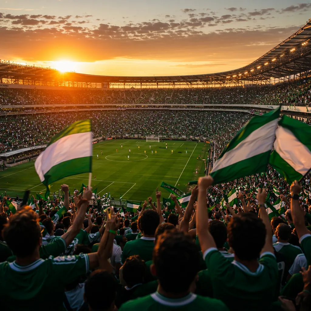 Wide shot of a packed outdoor football stadium during golden hour, fans wearing 