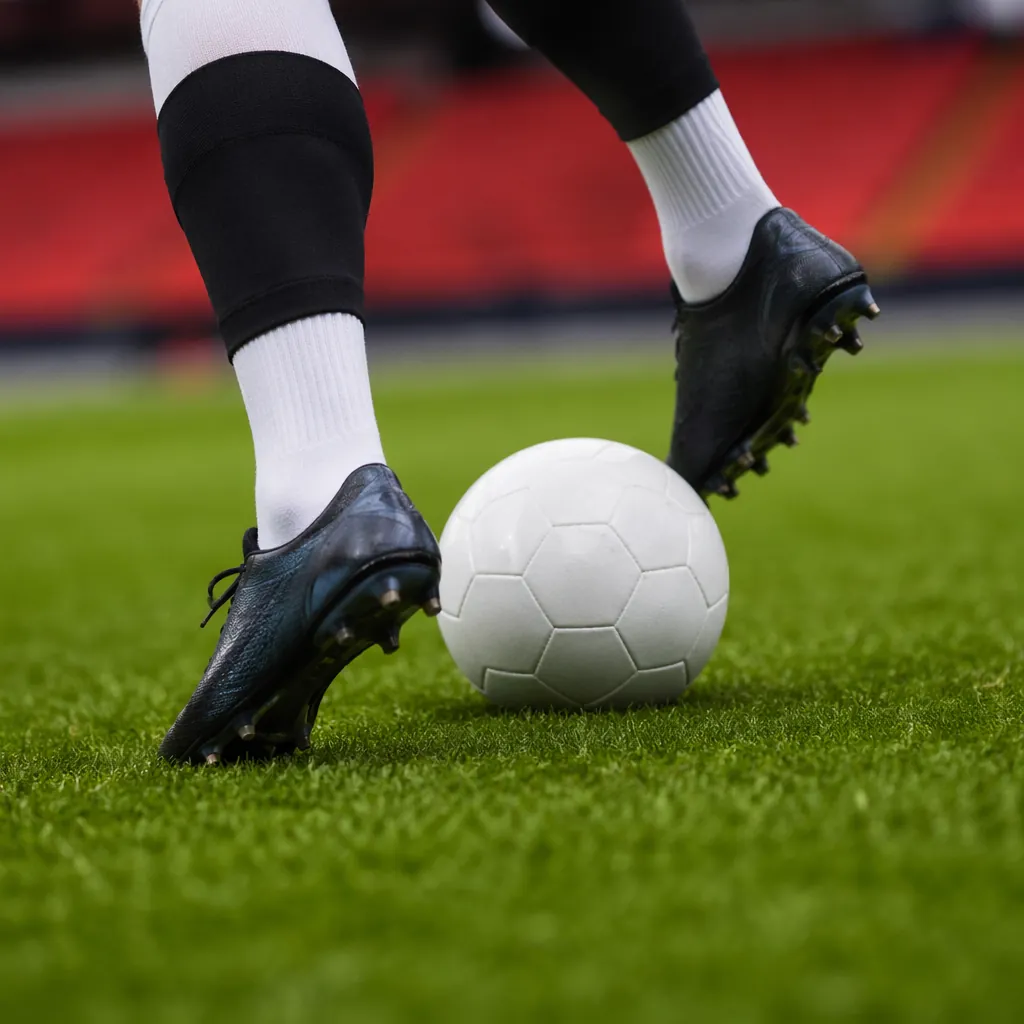 Close-up shot of unbranded football boots dribbling a plain football on green gr