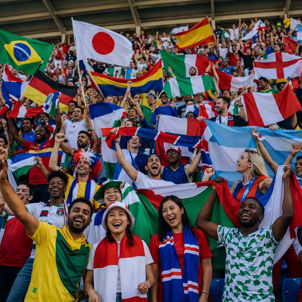 Wide shot of diverse international football fans cheering in stadium stands, hol