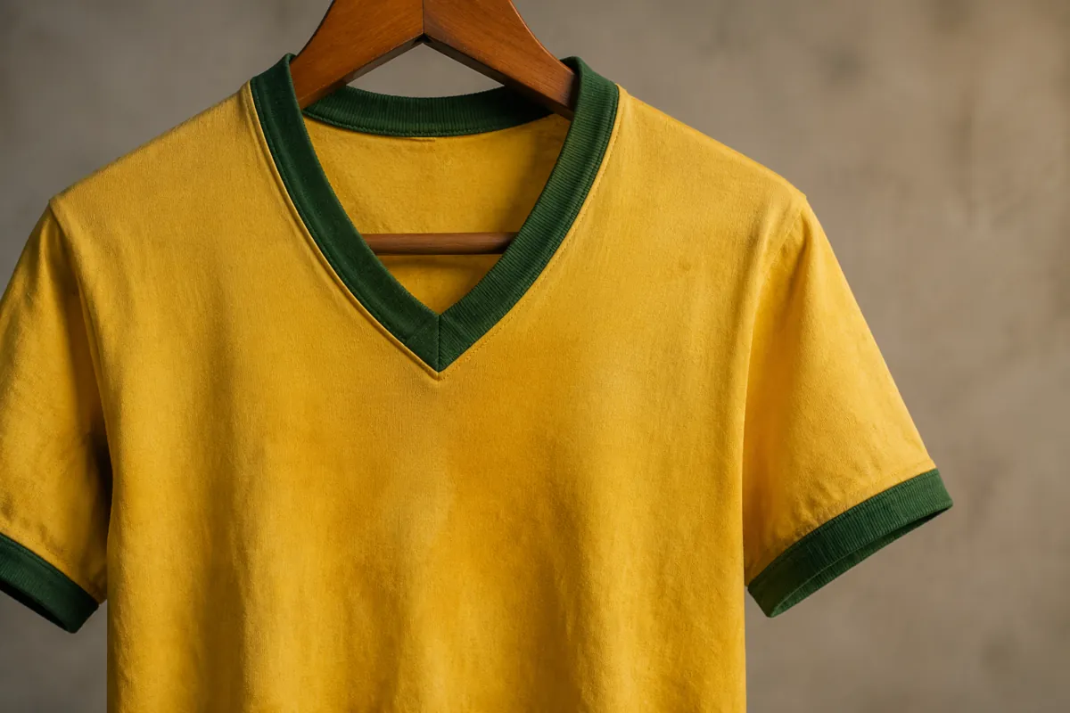 Close-up shot of a vintage yellow short-sleeved football jersey hanging on a wooden hanger