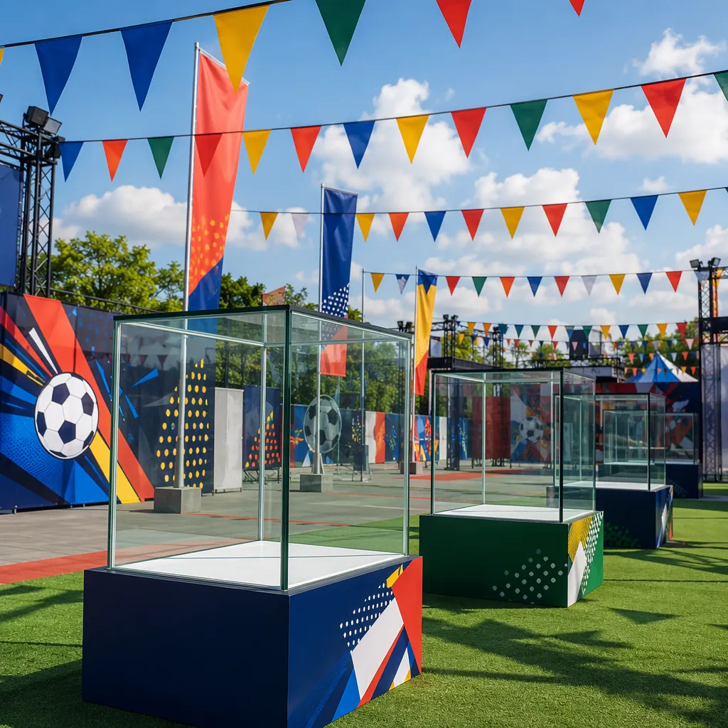 Outdoor football fan festival area with colorful decorative bunting and empty gl