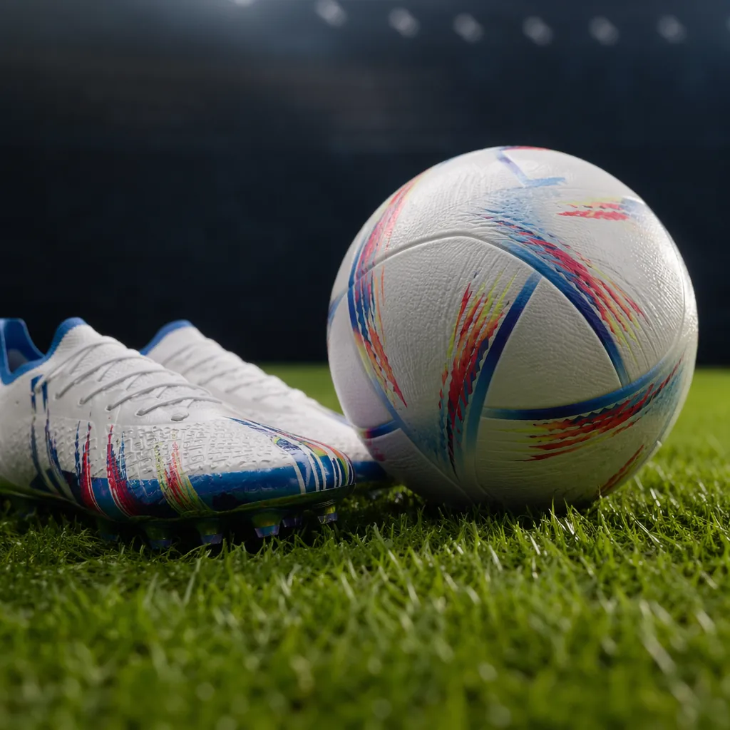Close up shot of a football boots and a World Cup match ball on green grass, sof