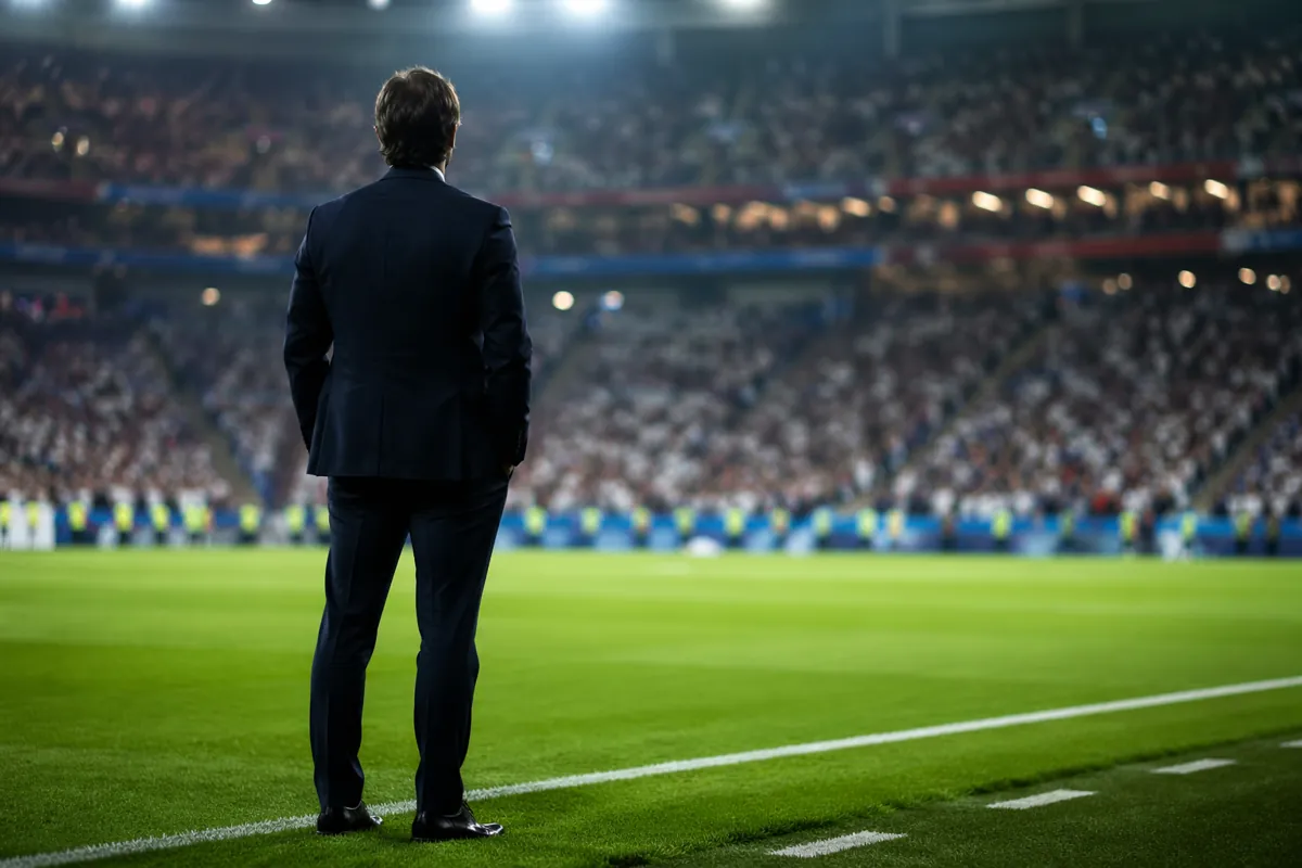 Silhouette of a professional football coach standing on the sideline of a World Cup stadiu