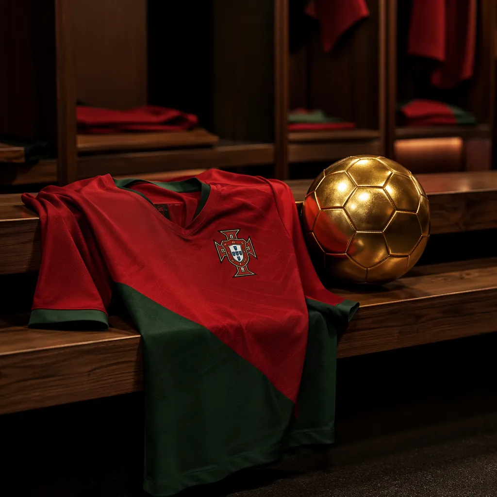 Portugal national team jersey placed on a locker room bench next to a golden foo