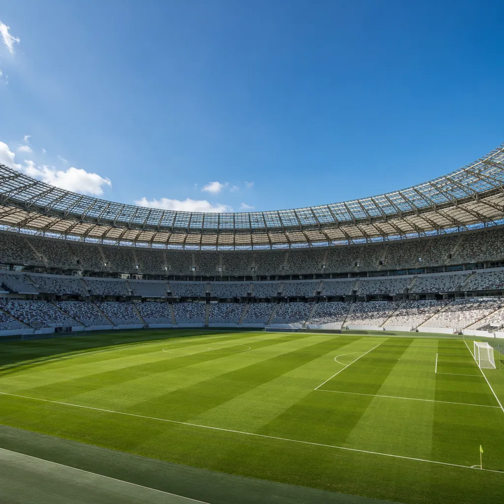 Wide shot of an empty World Cup group stage stadium, well-maintained green grass