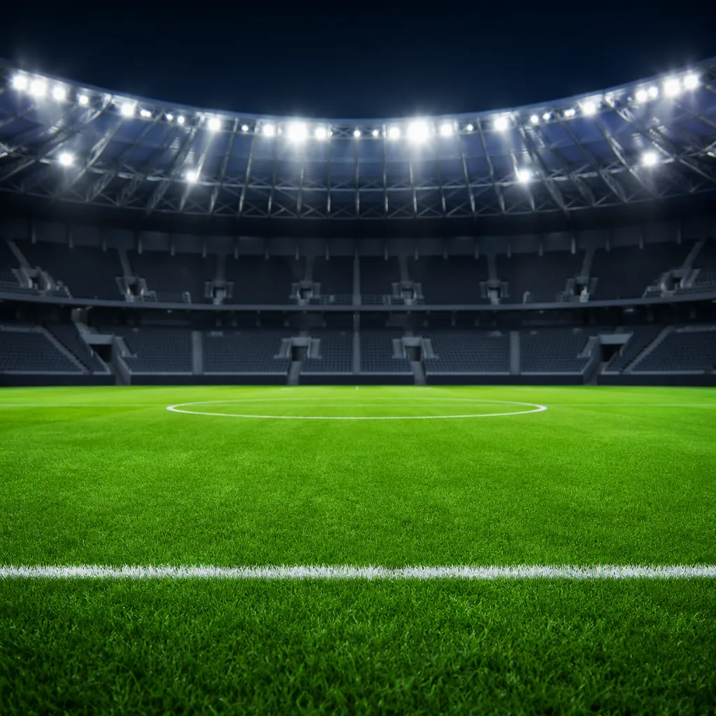 Empty professional football pitch with bright green grass, modern stadium lighti