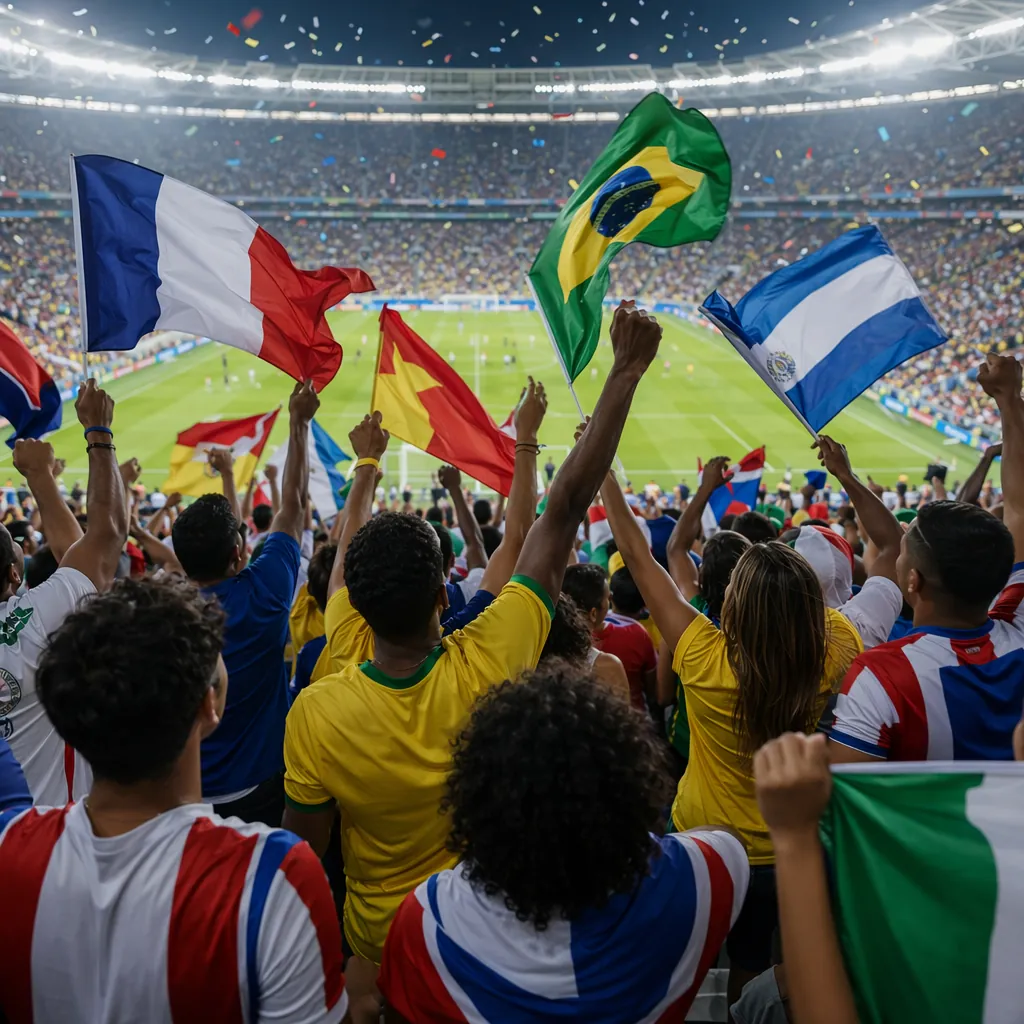 Wide shot of diverse soccer fans celebrating in the stadium stands, waving gener