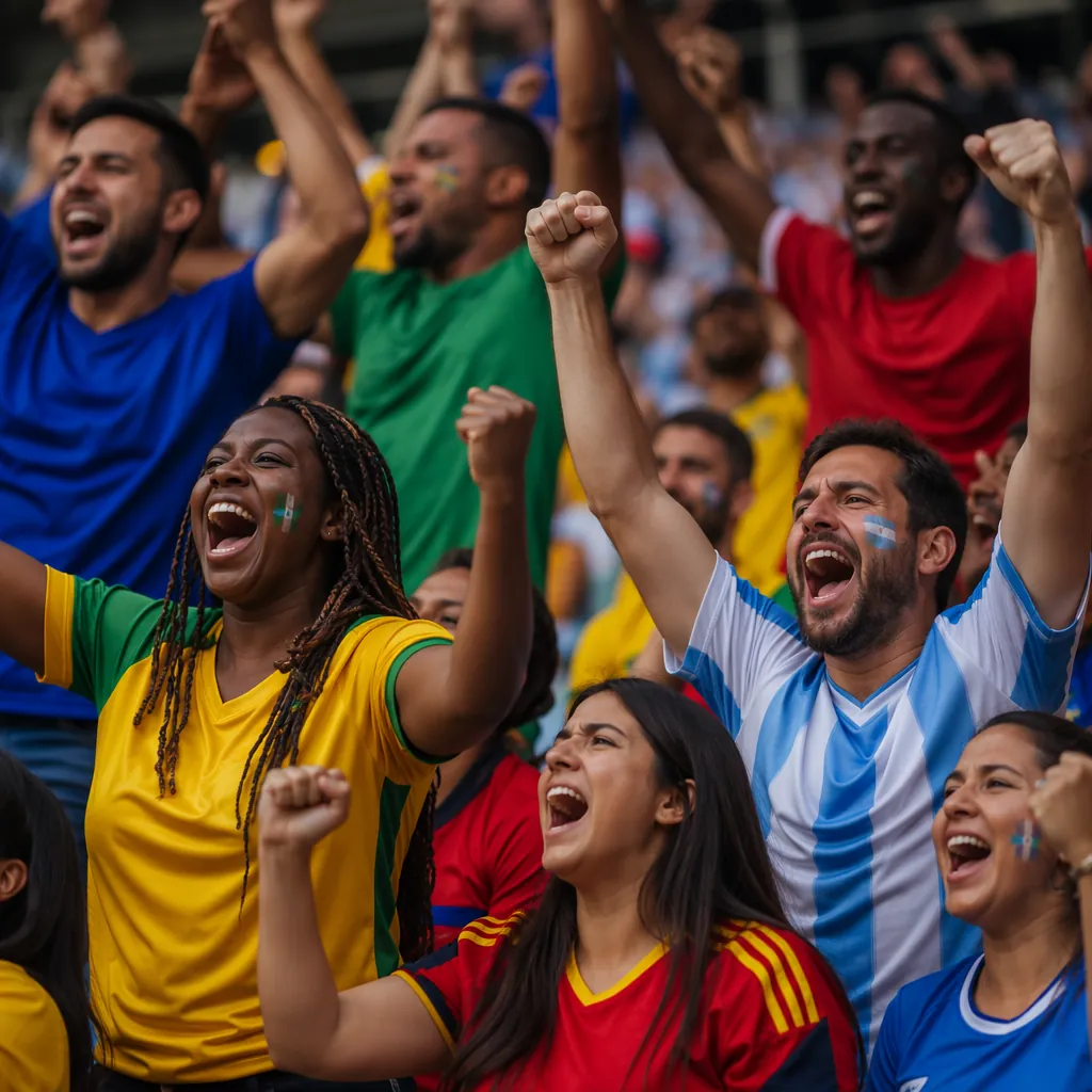 Diverse football fans wearing unbranded national team jerseys cheering in stadiu