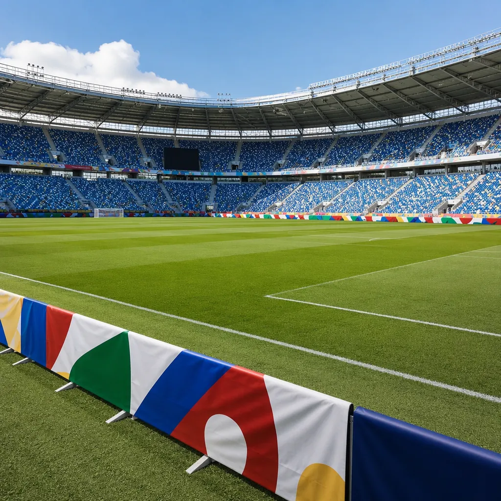 Empty professional football pitch with generic World Cup themed bunting along th