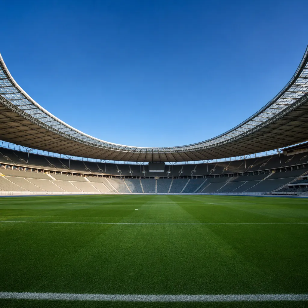 Wide angle shot of empty world cup football stadium, green pitch under clear blu