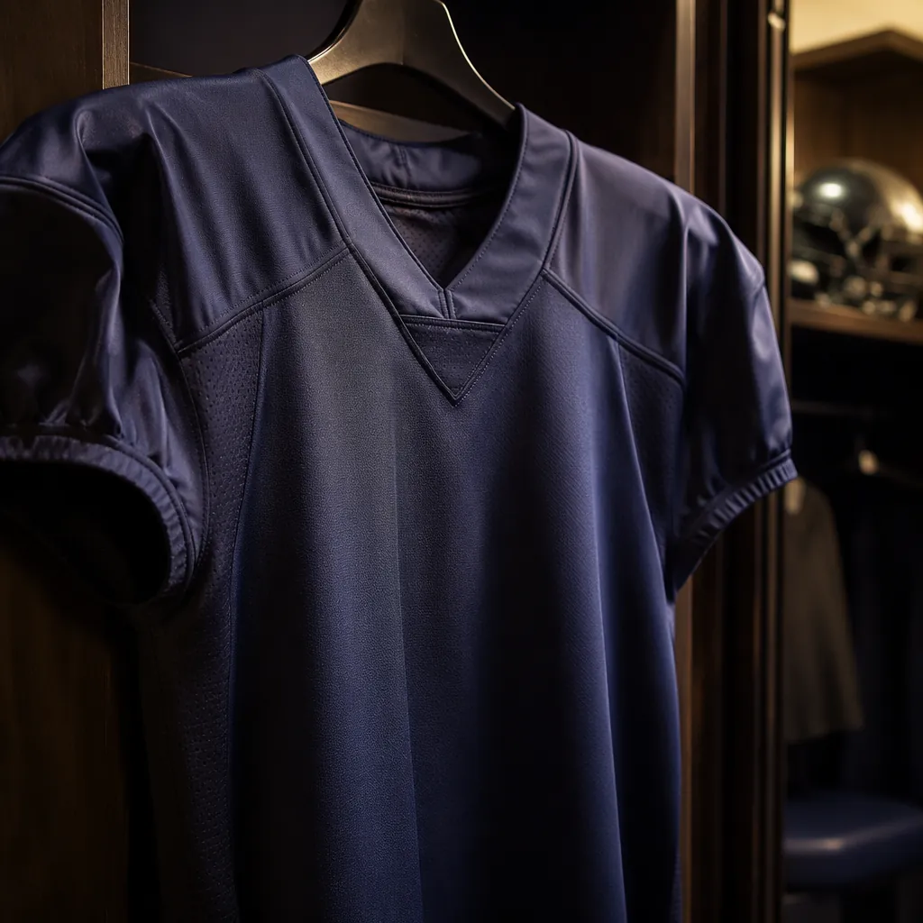Close up of generic football jersey hanging in a locker room, neutral dark blue 
