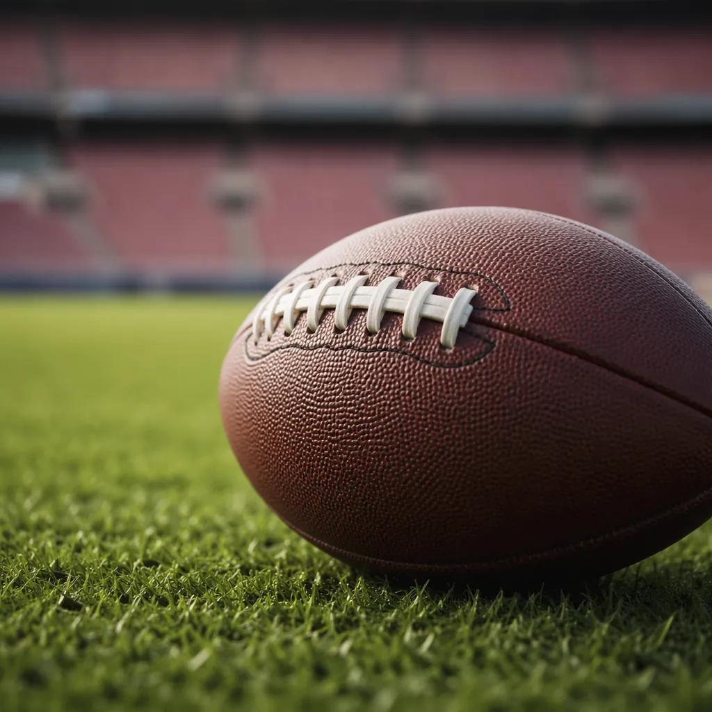 Close up shot of a football on a green grass pitch with blurred stadium seats in