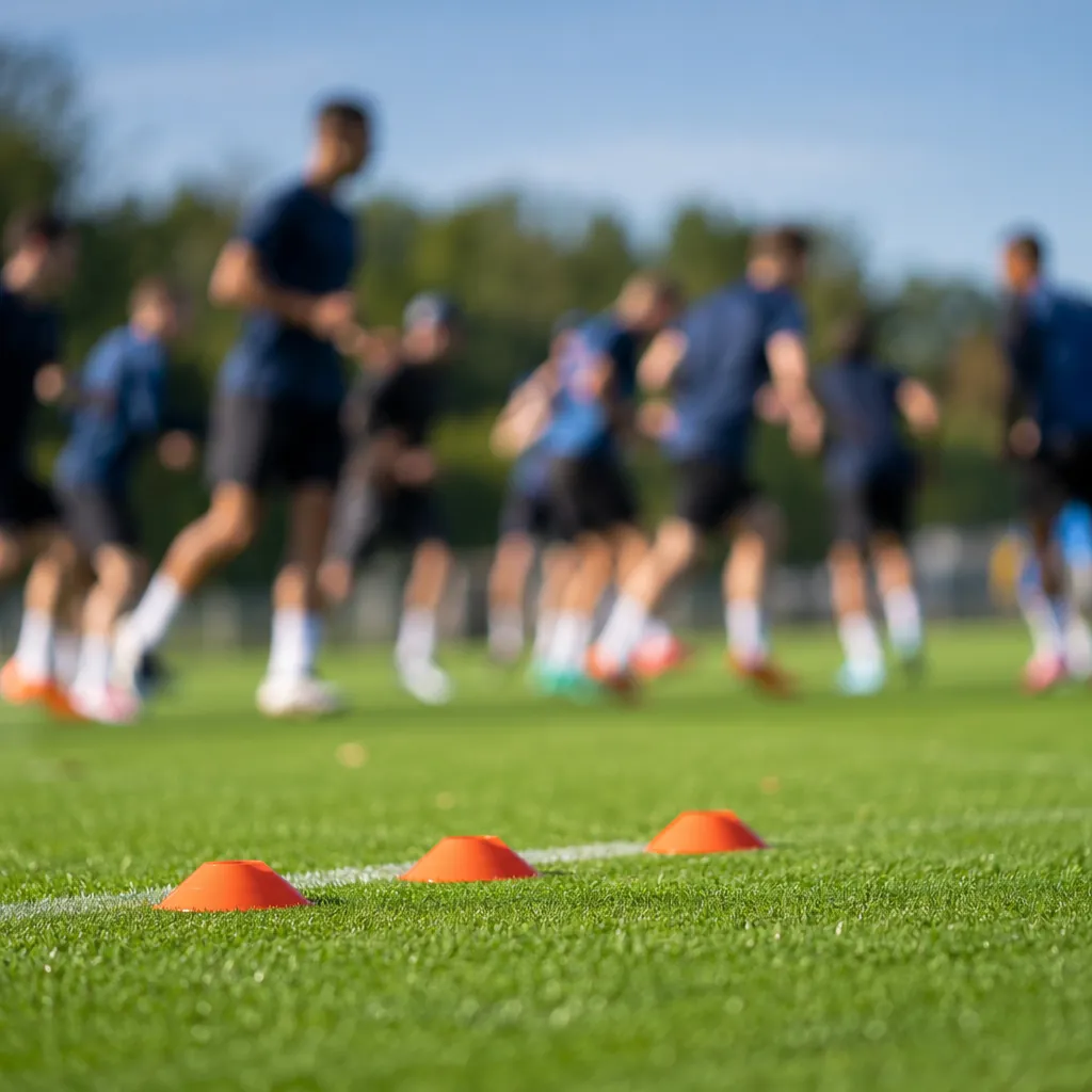 Blurred shot of soccer players doing training drills on green pitch, sunny day, 