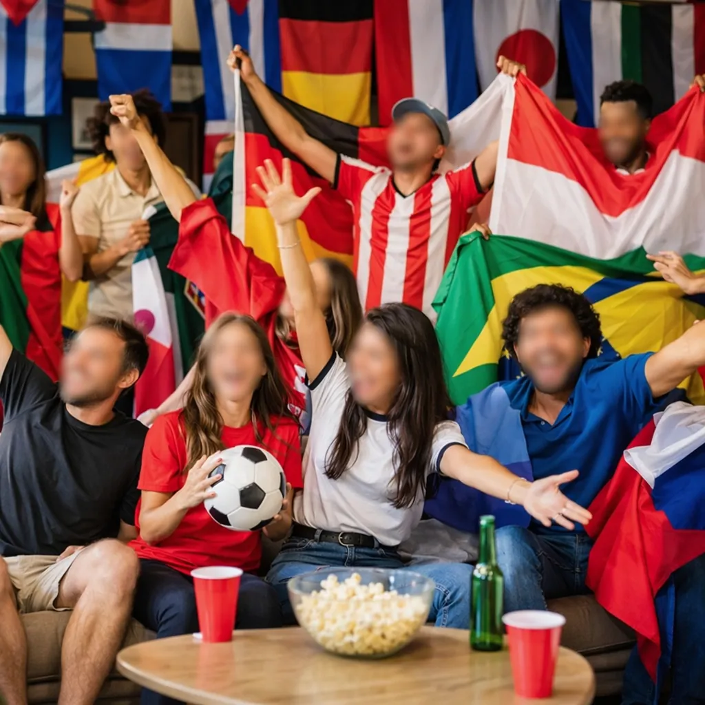 Wide shot of casual World Cup viewing party, fans holding generic national team 