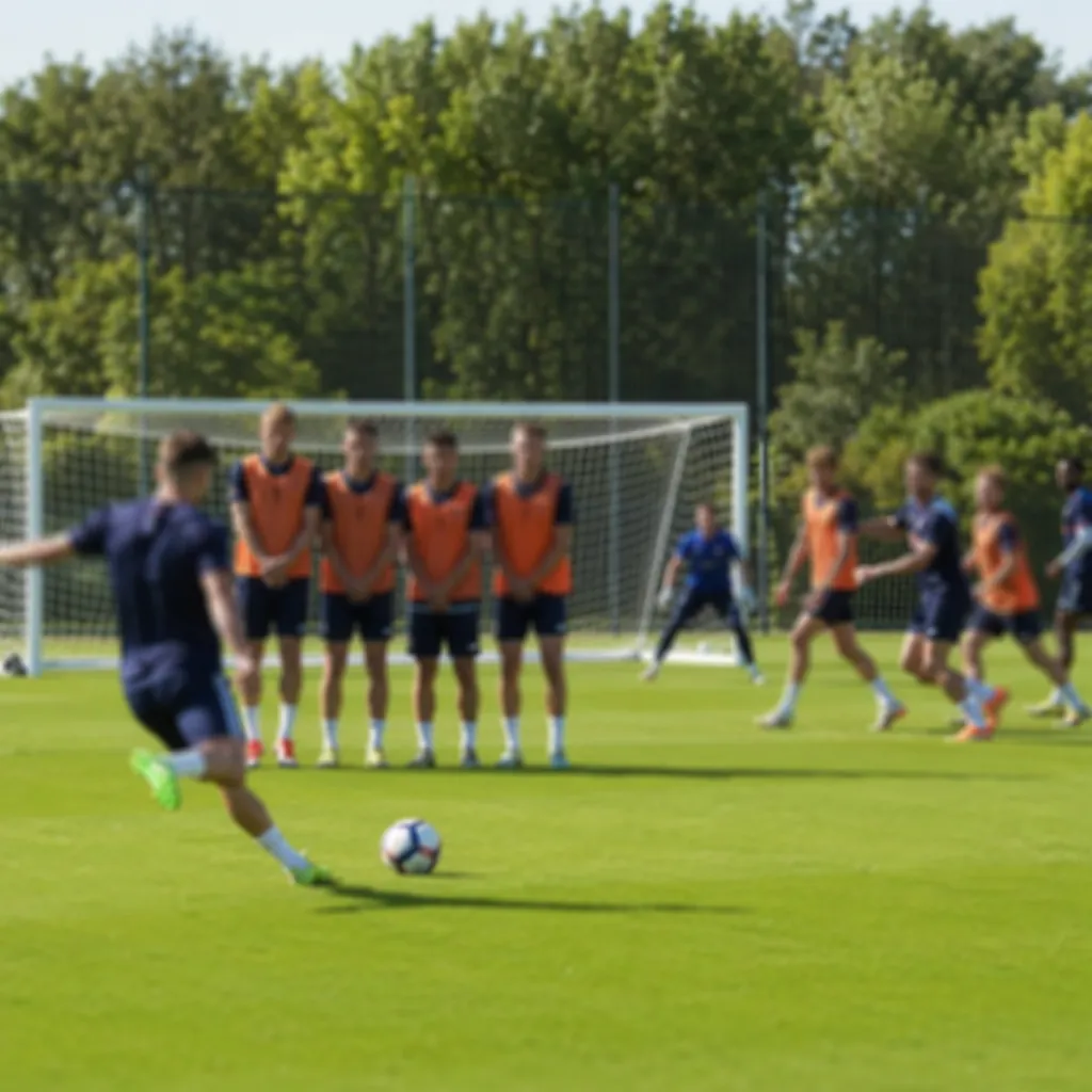wide shot of a soccer team practicing free kick routines on a sunny training gro