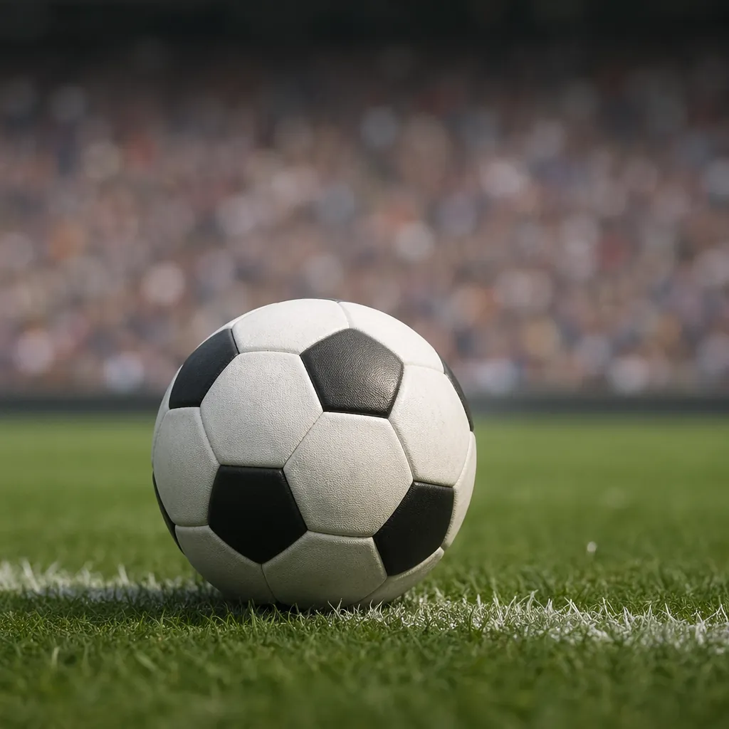 close up of a soccer ball placed on the grass at the free kick spot, blurred sta