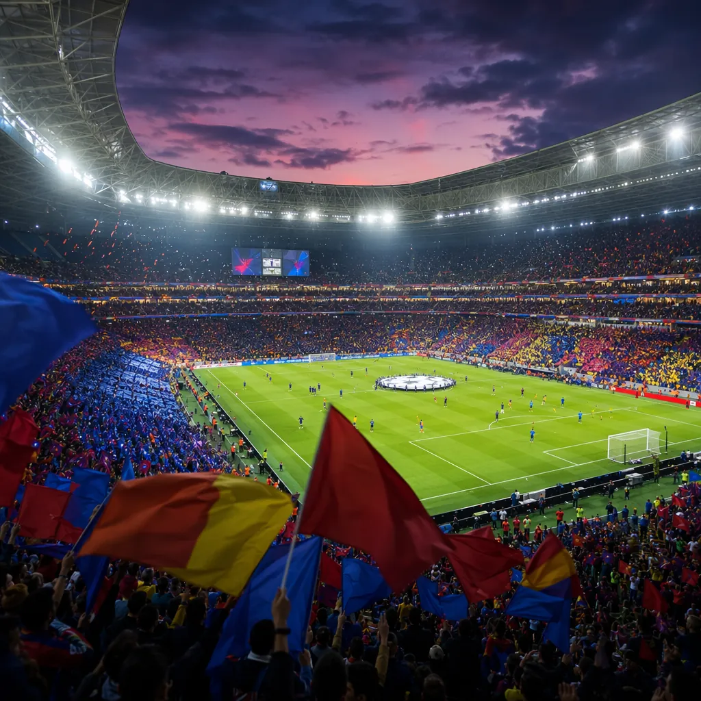 Wide shot of packed football stadium during pre-match warmup, colorful fan banne