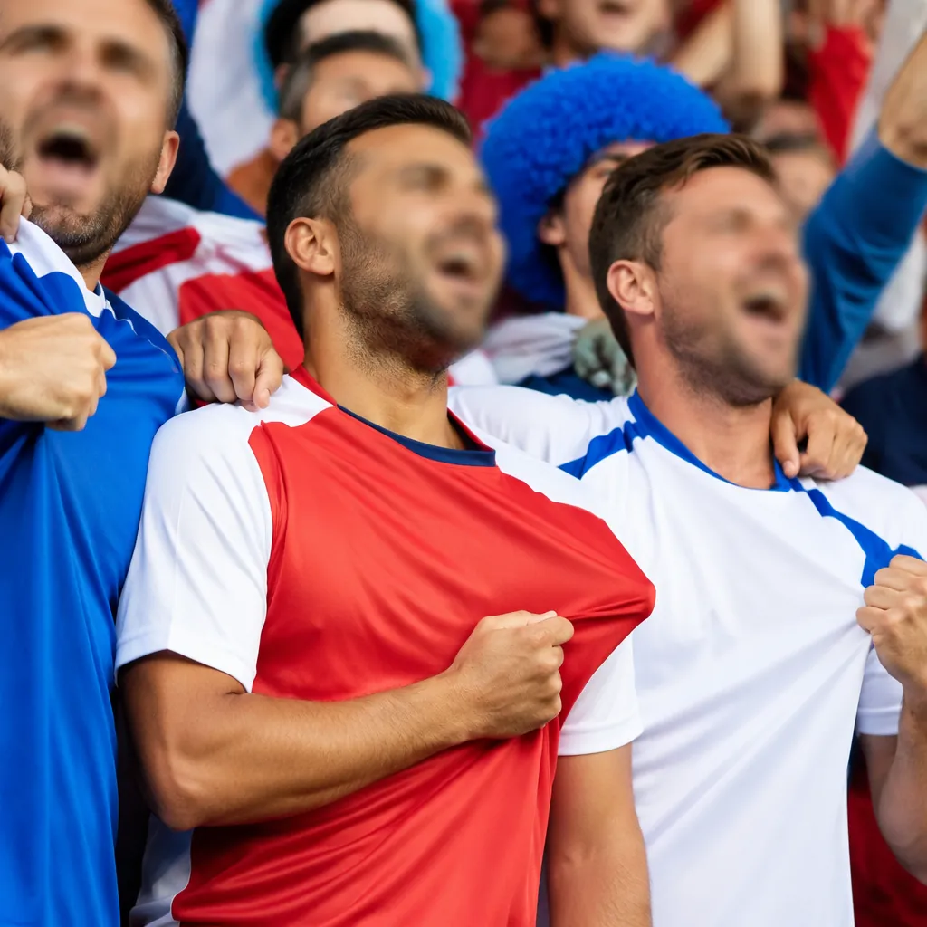 Close up of football fans holding generic national team jerseys, cheering togeth