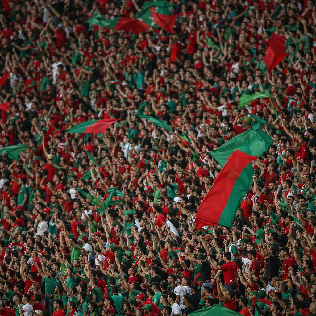 Wide shot of soccer fans wearing generic red and green clothing cheering in a st