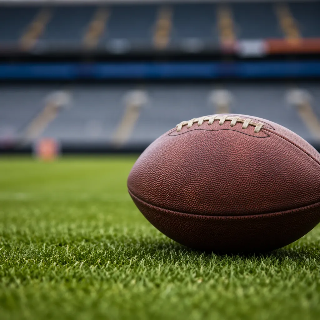 Close up shot of a professional football resting on a perfectly manicured green 