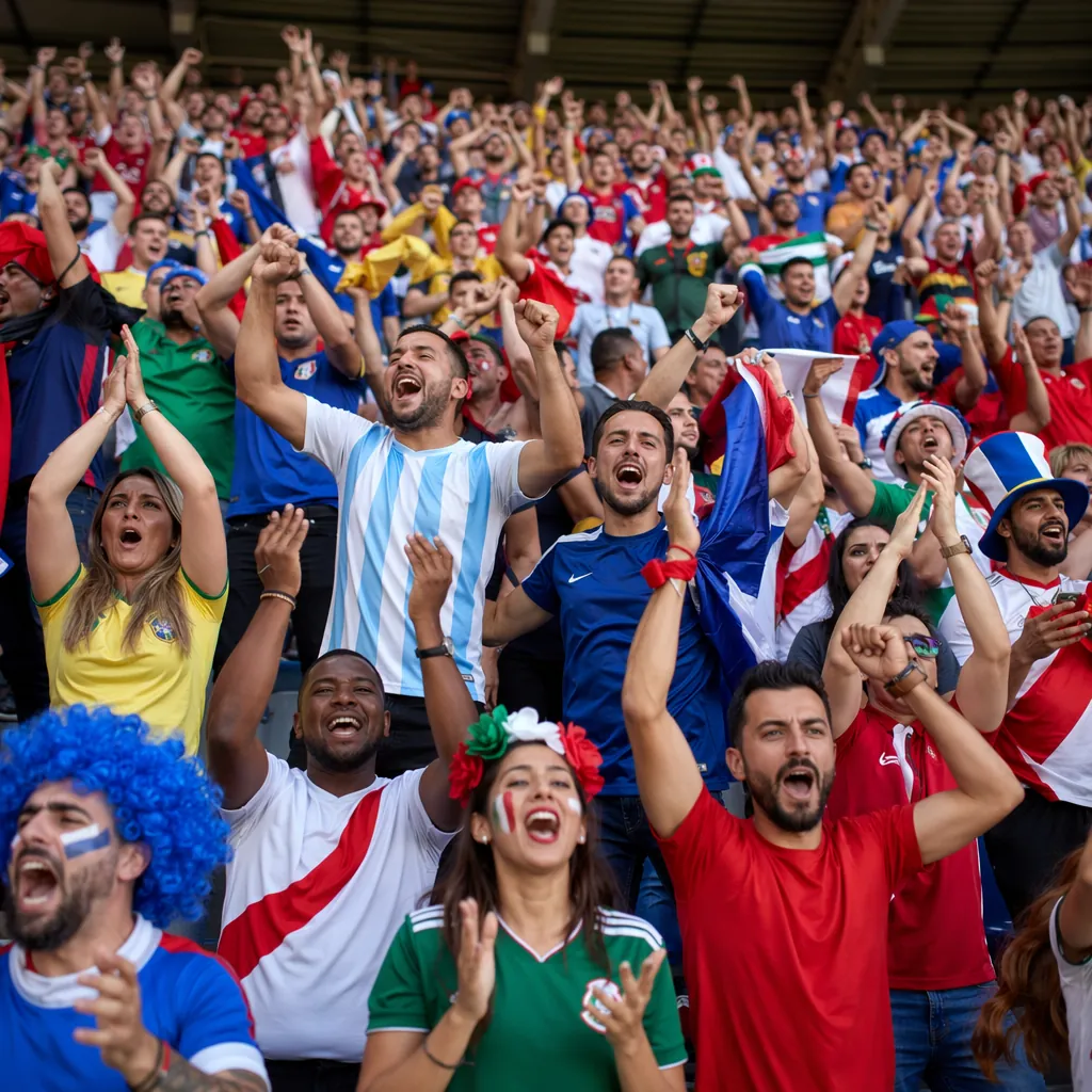 Wide shot of excited football fans cheering in stadium stands, wearing varied na