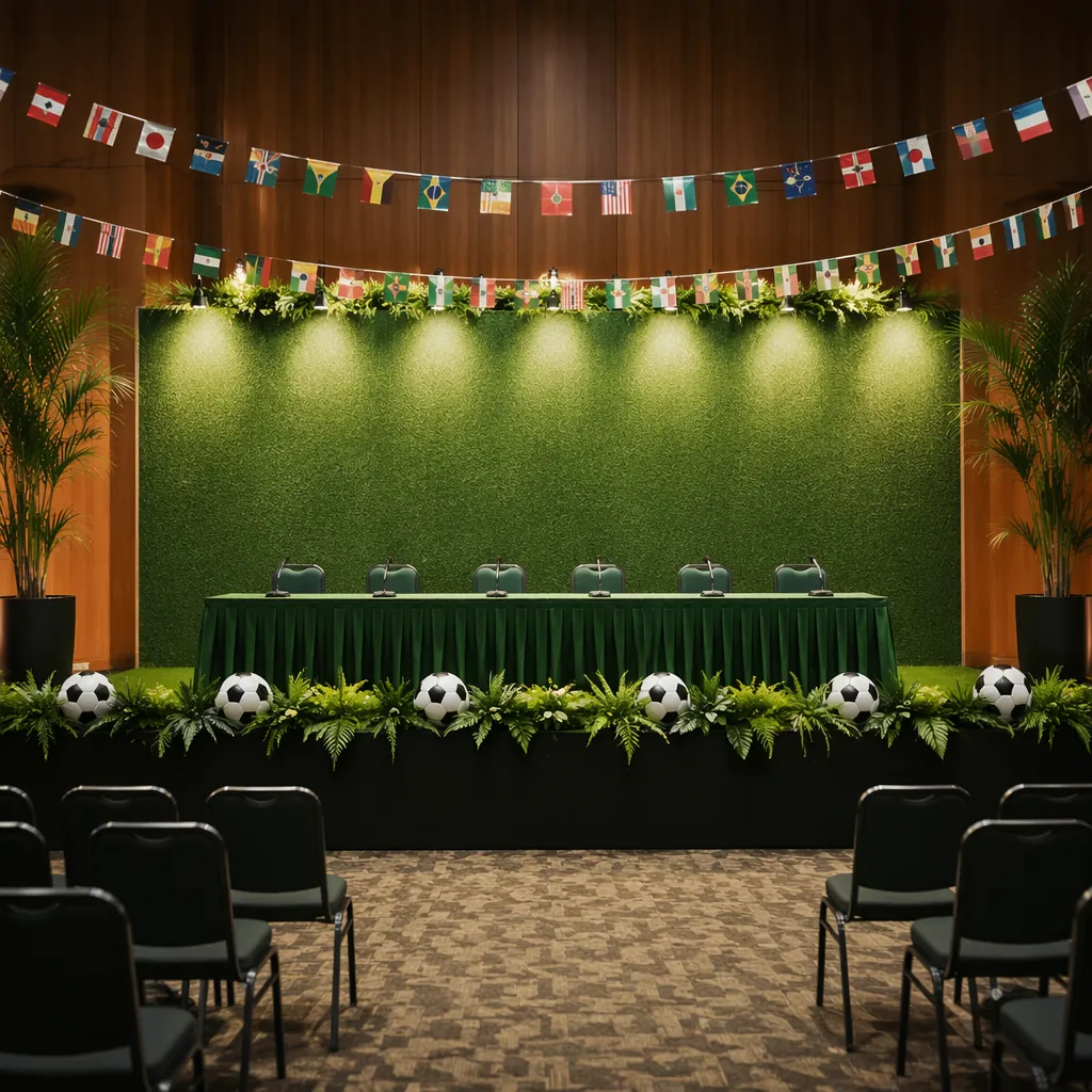 Empty official event stage decorated with green football-themed elements and int