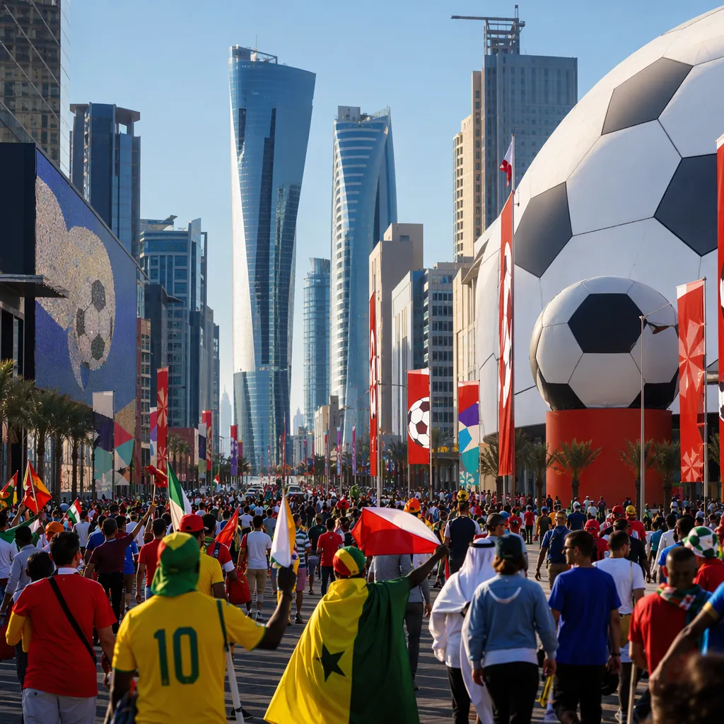 Wide shot of a modern world cup host city downtown, decorated with football-them