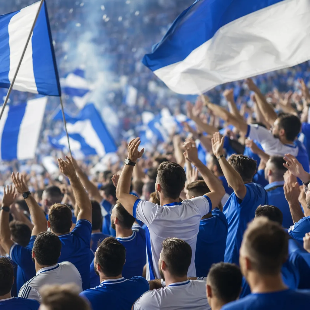 Football fans wearing generic blue and white jerseys waving flags in stadium sta