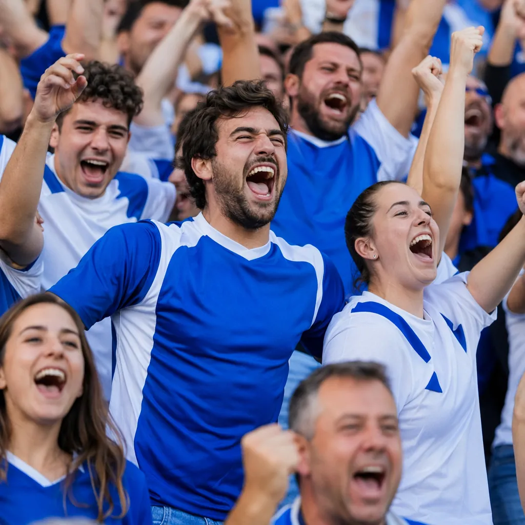 Group of football fans wearing blue and white jerseys celebrating in the stands,
