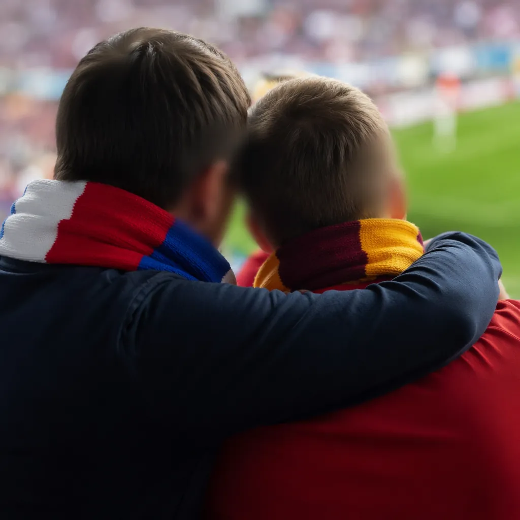 Close up of two people hugging in stadium stands from behind, blurred faces, col