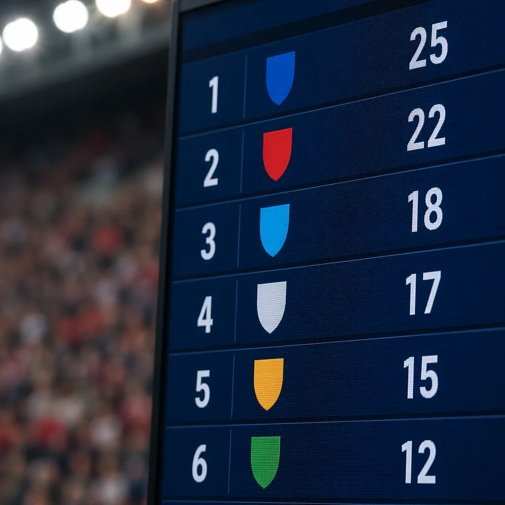 Close up shot of a football match scoreboard showing team standings and points, 
