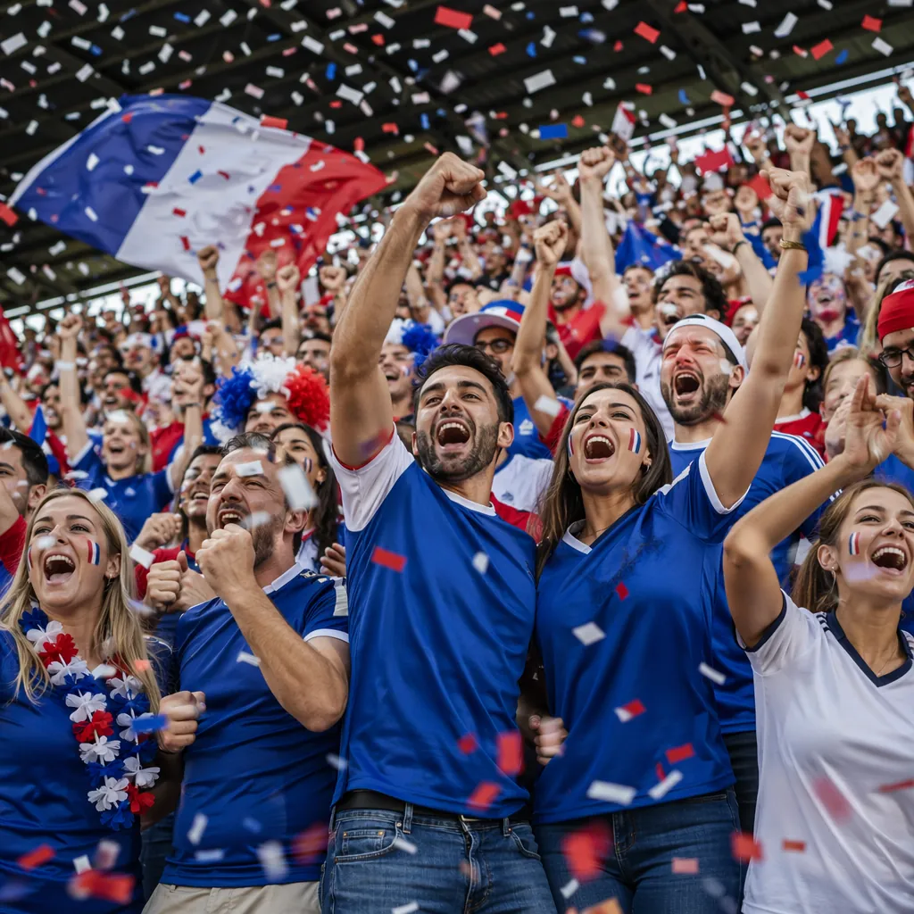 Wide shot of football fans celebrating in the stands, wearing generic national t