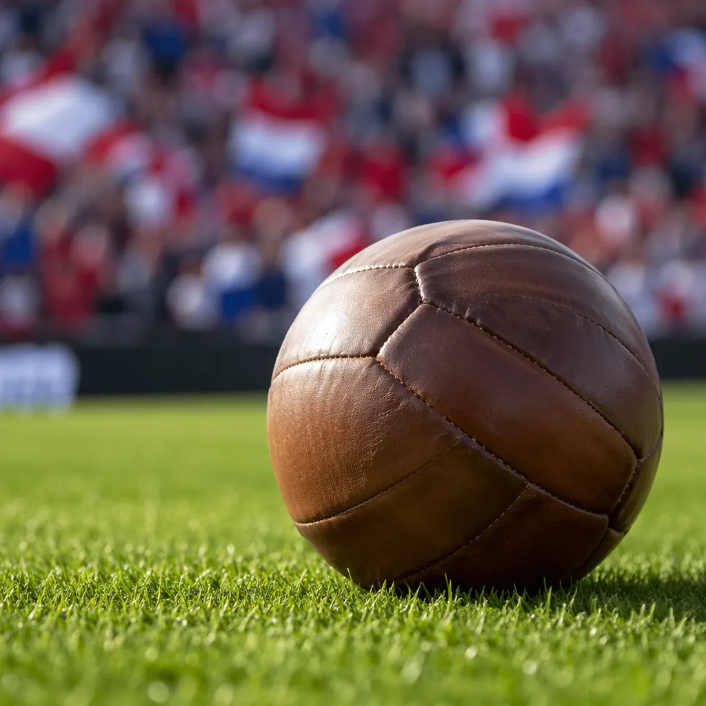 Close-up of a leather football on well-maintained green grass pitch, blurred bac
