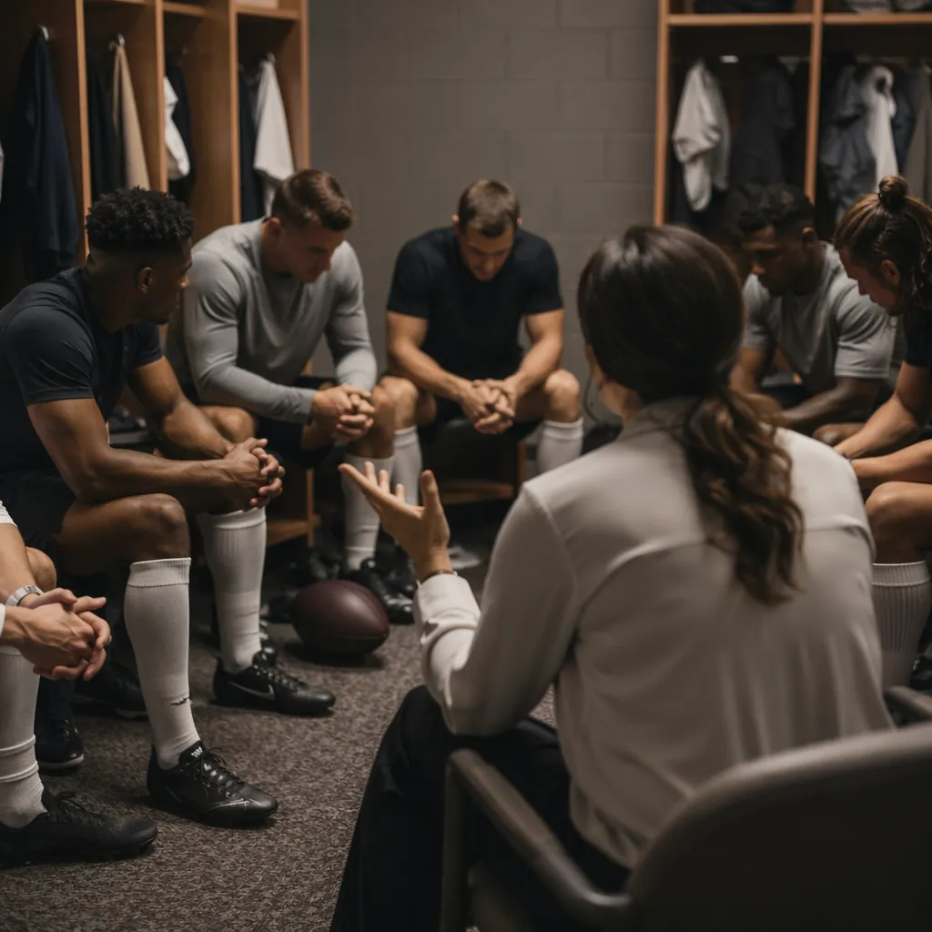 Group of football players sitting together in a stadium dressing room, talking t