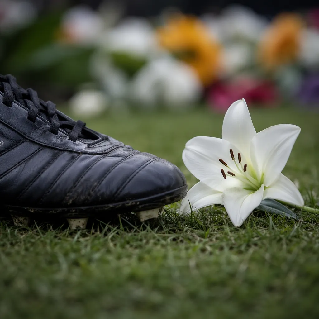 Close up of a football boot placed on a grass pitch, with a single white lily ne