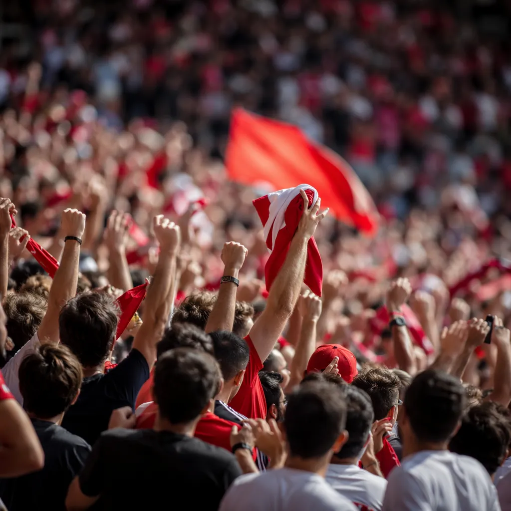 Close-up of a football stadium full of cheering fans, vibrant atmosphere, no vis