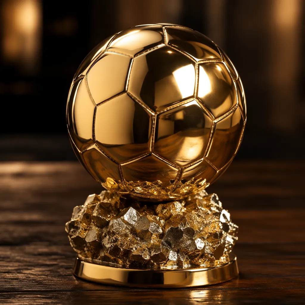 Close-up of a golden football trophy replica on a dark wooden surface, soft warm