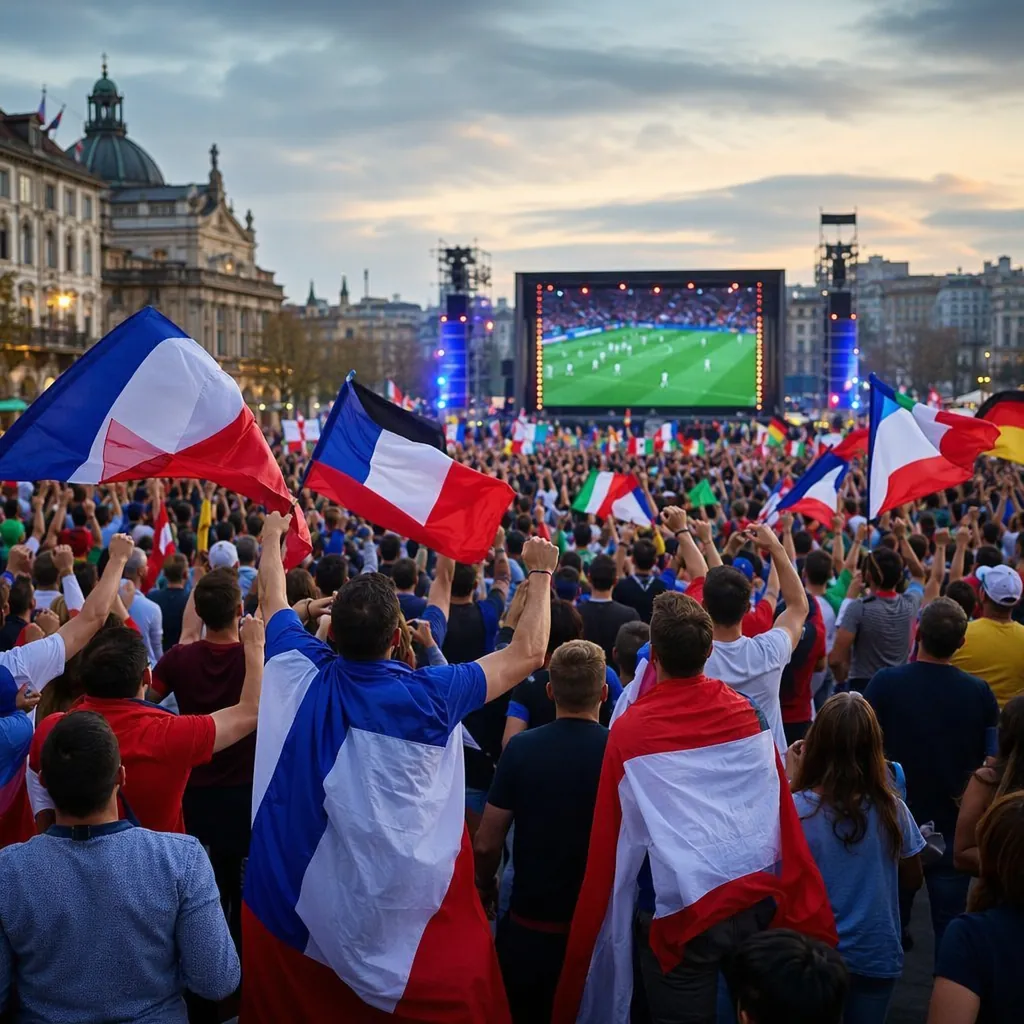 Wide shot of anonymous football fans celebrating in a public viewing area, wavin