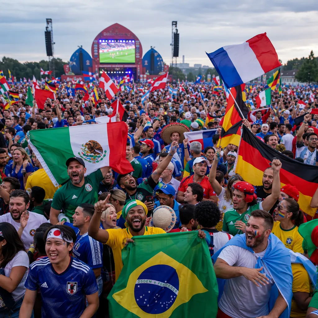 Wide shot of fans waving national flags in a World Cup fan zone, vibrant atmosph