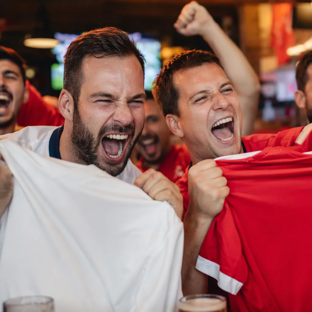 Close up of football supporters cheering together in a sports bar, holding plain