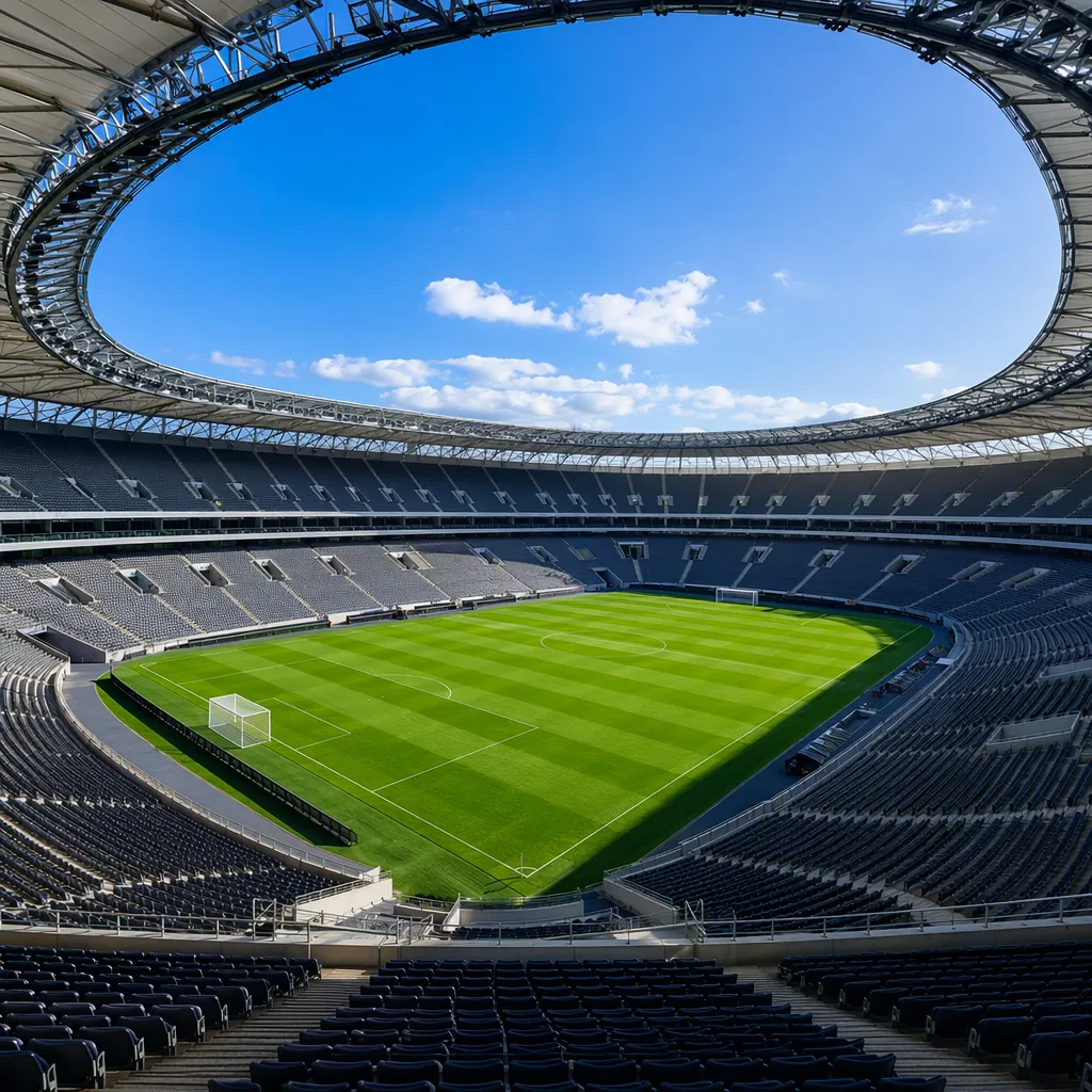 Wide shot of a modern empty football stadium with green pitch and tiered seating