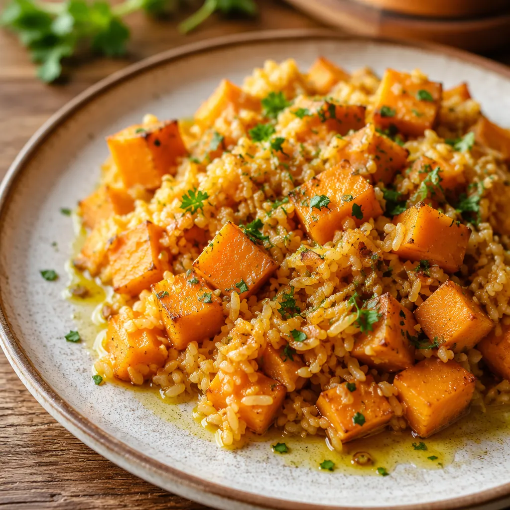 Close up shot of a plate of traditional Spanish sweet potato rice, served with o