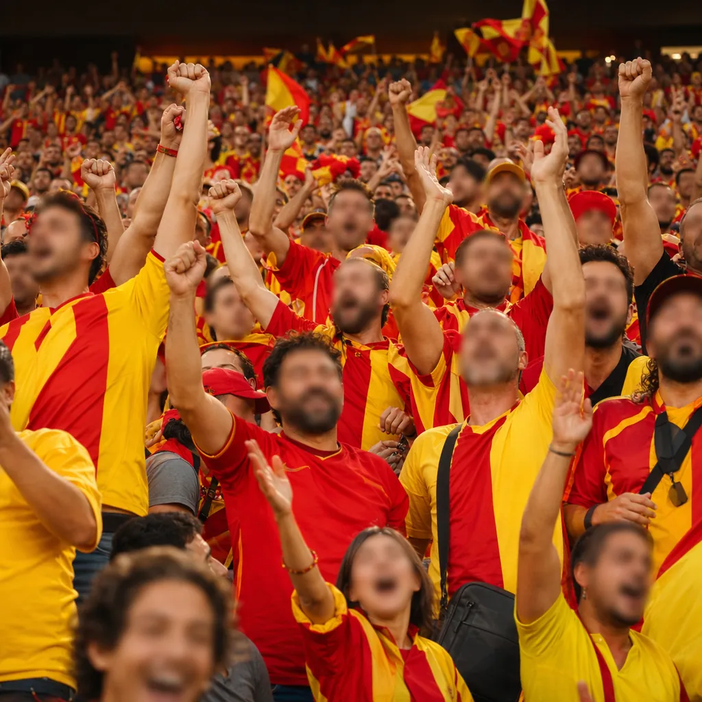 Wide shot of a group of football fans wearing red and yellow jerseys, cheering i