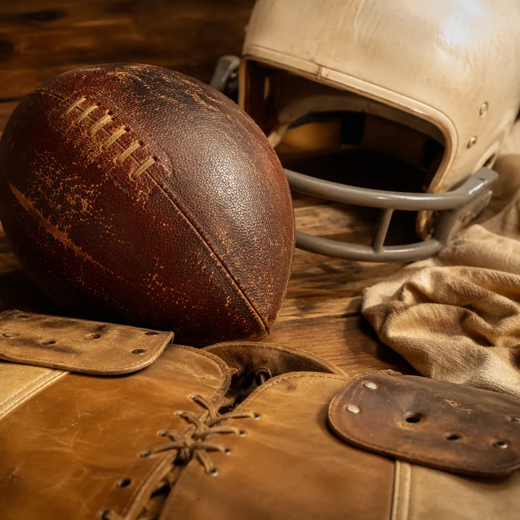 Close up of well-preserved vintage football memorabilia placed on a wooden table